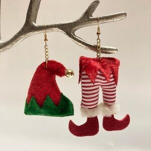 Handmade Statement Elf Hat Legs Stocking Mismatch Fun Ugly Christmas Earrings
